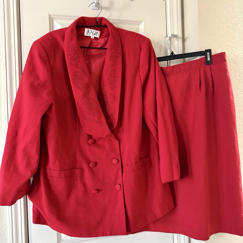 Vintage Red Skirt Suit Beaded Collar Women 18 J.P. Fall 2Pc Set Church Career